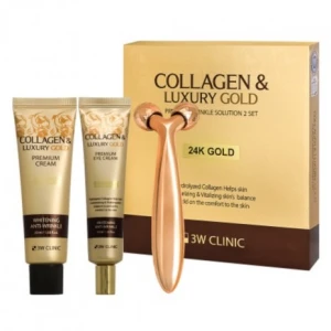 3W CLINIC Zestaw Przeciwzmarszczkowy z Kolagenem i Złotem (Krem 50 ml, Krem pod Oczy 40 ml + Masażer)  3W CLINIC Collagen & Luxury Gold Premium Wrinkle Solution Set  (50 ml + 40 ml + roller)